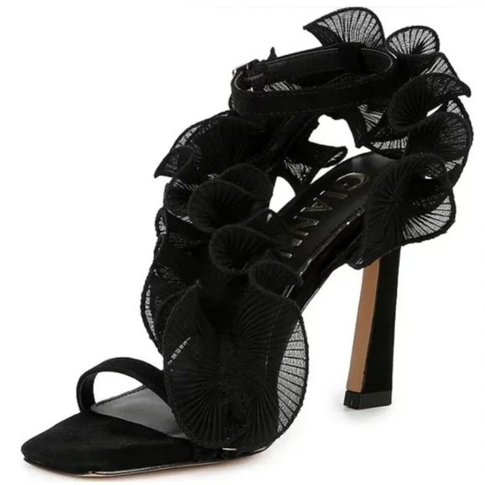 Gianni Bini Franz Sandals High Heels Size 6 Black Suede Chiffon Ruffle NEW - Picture 4 of 15